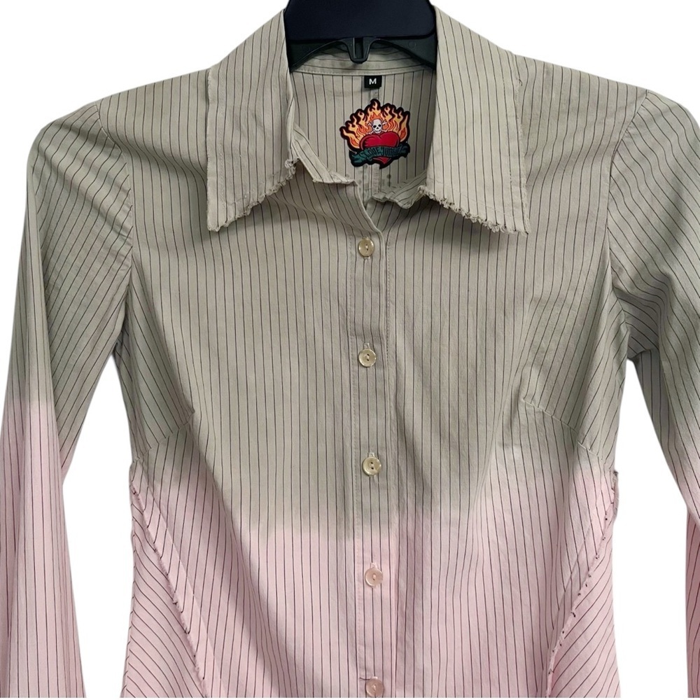 90’s Y2K Love Junkie Pinstripe Pink Green Shirt Rhinestone Crown Appliqué Medium - Picture 3 of 7